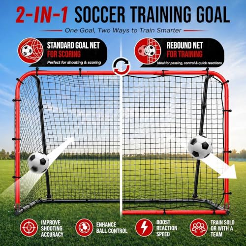 Haokelball 6 x 4 FT Soccer Goal for Backyard, 2-in-1 Metal Soccer Goal with Adjustable Rebounder Net, Heavy-Duty Steel Frame, Includes Agility Ladder & Cones, Soccer Training Equipment for Kids Teens