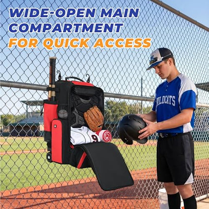 Rolling Baseball Bag with Wheels, 70L Large Capacity Baseball Backpack with Hidden Shoulder Strap, Sturdy Softball Bag with Multi-Pockets, Shoe Compartment, Fence Hooks for Players, Coaches - color: Red