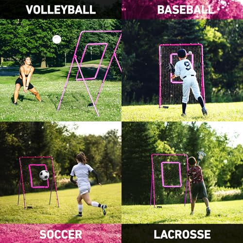 Velocity Volleyball Rebounder 5-Angle Adjustable 7x4 ft Volleyball Rebounder Net for Backyard with Reinforced Steel Frame & High-Tension PE Netting Bounce Back Net with Travel Bag, (Pink)