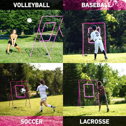 Velocity Volleyball Rebounder 5-Angle Adjustable 7x4 ft Volleyball Rebounder Net for Backyard with Reinforced Steel Frame & High-Tension PE Netting Bounce Back Net with Travel Bag, (Pink)