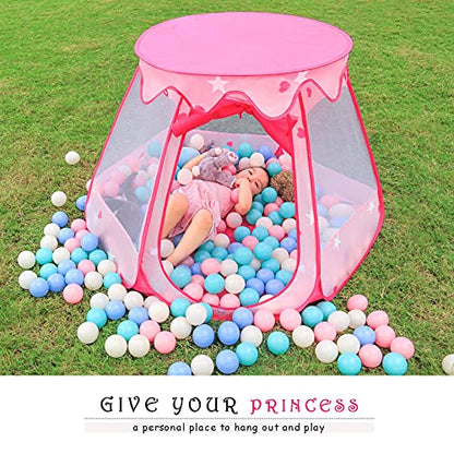 Princess Tent Girls Kids Playhouse Pop Up Play Tent with Star Light Tent for Kids Ball Pit Toys for 1,2,3 Years Girl Birthday Gift for Indoor Outdoor Toddler Girl Gift, Easy to Pop Up and Assemble - style: Tent with star lights