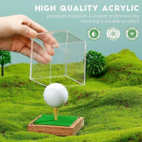 JupDec Golf Ball Display Case Clear Acrylic Memorabilia Stand Cube Holder with Wood Base & Tee, Dust Protection Transparent Storage Box for Single Ball Souvenir Golfball Collections, Brown, 1 Pack - size: 1 Pack