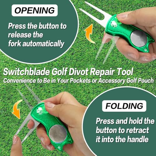 FINGER TEN Golf Divot Repair Tool and Ball Marker Switchblade Value Pack, Foldable Magnetic Stainless Steel with Pop-up Button for Men Women - color: 2 in Green+2 Ball Marker