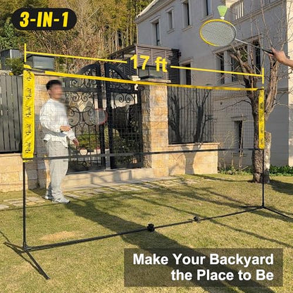 3-in-1 Portable Badminton, Volleyball & Pickleball Net Set for Adults, Adjustable Height 34"–7 ft for Backyards or Beach, Outdoor Sports Combo with Carry Bag, Rackets, Paddles & Balls - style: 17 ft wide Net
