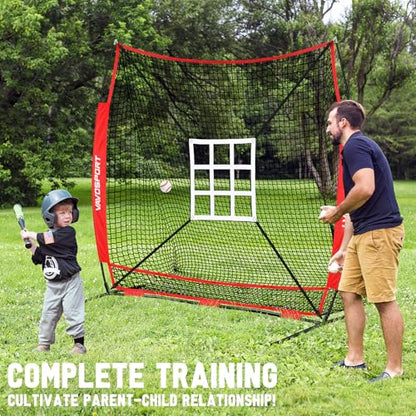 7x7' Baseball & Softball Net for Batting Pitching Hitting - Large Ball Collection System, Portable Baseball Training Equipment with Strike Zone, Tee, Ball Caddy, for Adult Sport,Youth Practice