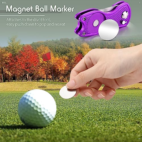 Skylety 4 Pcs Golf Divot Repair Tool Metal Foldable Golf Divot Tool with Magnetic Pop-up Button Ball Marker Stainless Steel Switchblade for Golfers Prizes - color: Purple