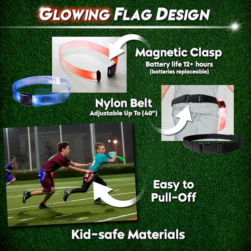 GloFlag Football – Light Up Game Set for Kids | Ages 8-12+, 4-16 players | LED Flags, Belts, Glow in the dark ball, bright field markers | Toys & Gifts for Boys 8–12+ | Play Day or Night | By Starlux
