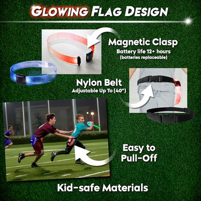 GloFlag Football – Light Up Game Set for Kids | Ages 8-12+, 4-16 players | LED Flags, Belts, Glow in the dark ball, bright field markers | Toys & Gifts for Boys 8–12+ | Play Day or Night | By Starlux