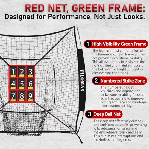 7x7 ft Baseball & Softball Practice Net with 9 Numbered Strike Zone | PRO Training Net for Hitting, Pitching & Batting | with Carry Bag, Bow Frame for All Ages & Skills - color: black