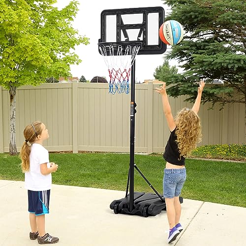 Kids Basketball Hoop, 5-7 ft Adjustable Height Portable Hoop with Wheels & Fillable Base - 28 Inch Shatterproof PC Backboard for Driveway, Backyard, Indoor & Outdoor Play