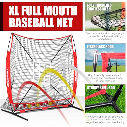 7x7' Baseball & Softball Net for Batting Pitching Hitting - Large Ball Collection System, Portable Baseball Training Equipment with Strike Zone, Tee, Ball Caddy, for Adult Sport,Youth Practice