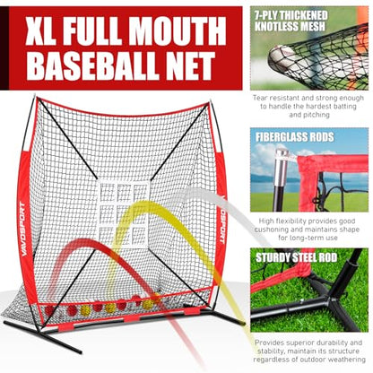 7x7' Baseball & Softball Net for Batting Pitching Hitting - Large Ball Collection System, Portable Baseball Training Equipment with Strike Zone, Tee, Ball Caddy, for Adult Sport,Youth Practice