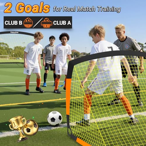 Happy Jump 7x5' & 5x3.6' Portable Soccer Goals for Kids Ages 6-14, Weatherproof Net and Steel Frame for Backyard Fun and Outdoor Training, Quick Setup and Sturdy for All Weather Conditions - style: 5x3.6 FT, 2 Set Upgrade