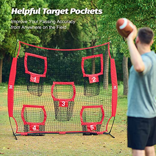 ZELUS 7 x 7ft Football Trainer Throwing Net | Training Target Practice with 5 Targets | Great for Quarterback | Includes Carry Bag - color: Red