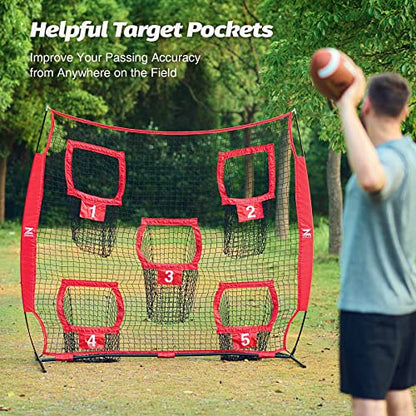 ZELUS 7 x 7ft Football Trainer Throwing Net | Training Target Practice with 5 Targets | Great for Quarterback | Includes Carry Bag - color: Red