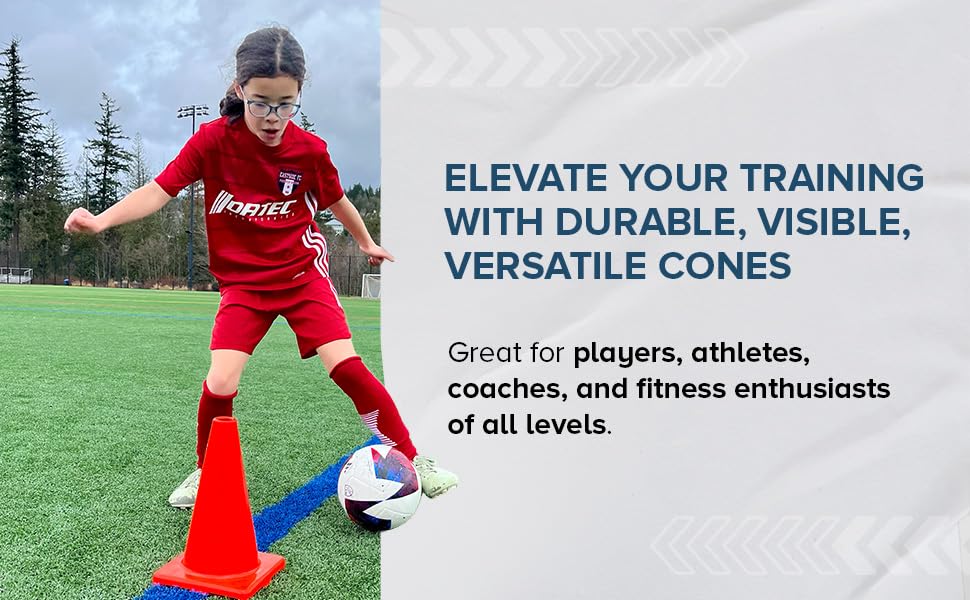 LVL10 Pro Training Cones - 12" Large Soccer Cones for Sports Training - for Basketball, Football, Basketball and Agility Drills - Soccer Field Markers that Won't Crack, Slide or Fly - style: 12 Cones with Stickers