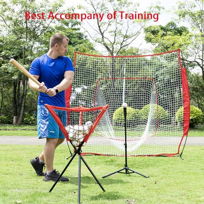 Portable Baseball Training Net, Collapsible Ball Return Net with Carry Bag, Red and Black