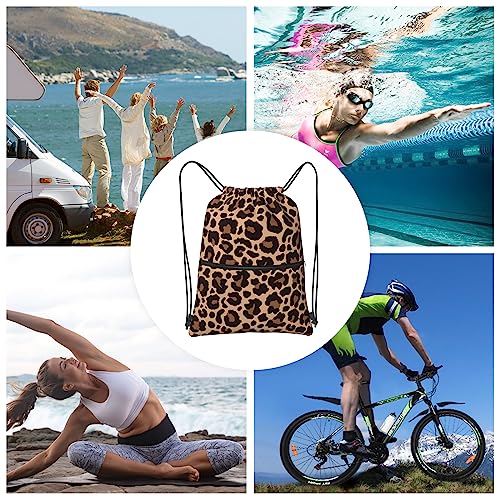 Leopard Printing Drawstring Backpack Bag Sport Gym Sackpack Durable Waterproof Lightweight for Men Women Beach Bag String Bag - color: Leopard Print