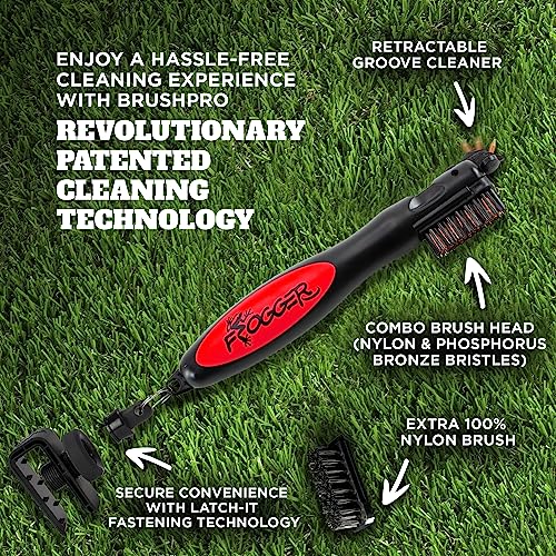 Frogger BrushPro Latch-It Golf Club Cleaner, Ergonomic Grip and Latch-it Magnet - Professional Golf Club Brush and Groove Cleaner for Golfers - color: Red