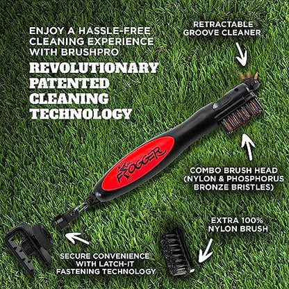 Frogger BrushPro Latch-It Golf Club Cleaner, Ergonomic Grip and Latch-it Magnet - Professional Golf Club Brush and Groove Cleaner for Golfers - color: Red