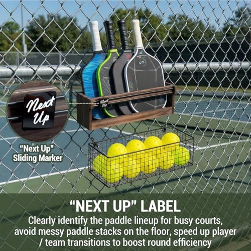 MyGift Solid Dark Brown Wood Pickleball Paddle Holder Rack with Black Metal Ball Storage Basket and Next Up Sliding Marker, Wall Mounted or Fence Hanging Paddle Organizer for Indoor/Outdoor Courts