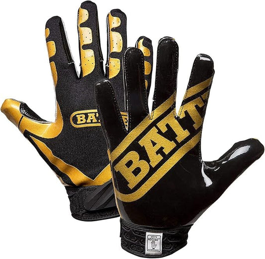 Battle Sports Ultra-Stick Wide Receiver Football Gloves - Adult & Youth Football Gloves - color: Vegas Gold/Black, size: Youth Large