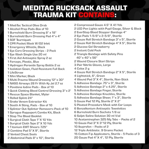 MediTac Rucksack Assault Trauma Tactical Kit Feat. SOF Tourniquet, Chest Seals, Clotting Gauze – Olive Drab