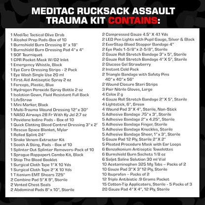 MediTac Rucksack Assault Trauma Tactical Kit Feat. SOF Tourniquet, Chest Seals, Clotting Gauze – Olive Drab