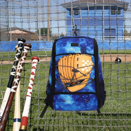 MATEIN Baseball Backpack, Softball Bat Bag with Shoes Compartment for Youth, Boys and Adult, Lightweight Baseball Bag with Fence Hook Hold TBall Bat, Batting Mitten, Helmet, Caps, Teeball Gear - color: Galaxy Blue, size: 29L