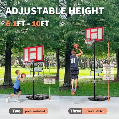 DUMOS 10FT Adjustable Height Portable Basketball Hoop Outdoor for Adult, 44 Inch Shatterproof Backboard w/Shock Absorbent Rim, Fillable Base, 2 Wheels for Swimming Pool/Indoor