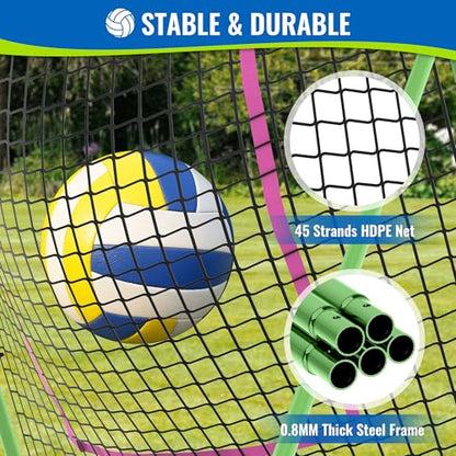 Volleyball Rebounder Net 7x4 FT, 5-Angle Adjustable Bounce Back Net, Steel Frame & PE Training Net for Volleying/Spiking, Rust-Resistant & Durable – w/Travel Bag, 2 NETS - color: Green & Pink