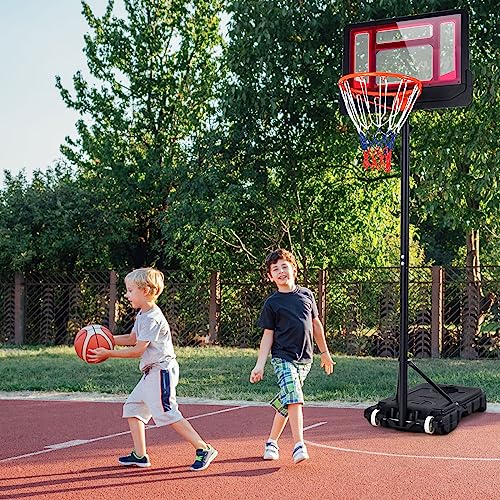 Giantex Basketball Hoop Outdoor Indoor, 4.3 FT-8.2 FT Height Adjustable Basketball Goal Court System w/Fillable Base, Backboard & 2 Wheels, Portable Basketball Hoop for Kids Backyard Driveway