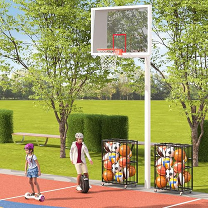 Ball Sports Organizer Storage Cart, Garage Metal Rolling Bin with Thicker Elastic Rope, Ball Holder Rack with Wheels for Volleyball, Basketball, Football, Toys, Gym, Outdoor & Indoor Equipment Storage
