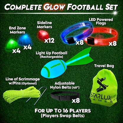 GloFlag Football – Light Up Game Set for Kids | Ages 8-12+, 4-16 players | LED Flags, Belts, Glow in the dark ball, bright field markers | Toys & Gifts for Boys 8–12+ | Play Day or Night | By Starlux