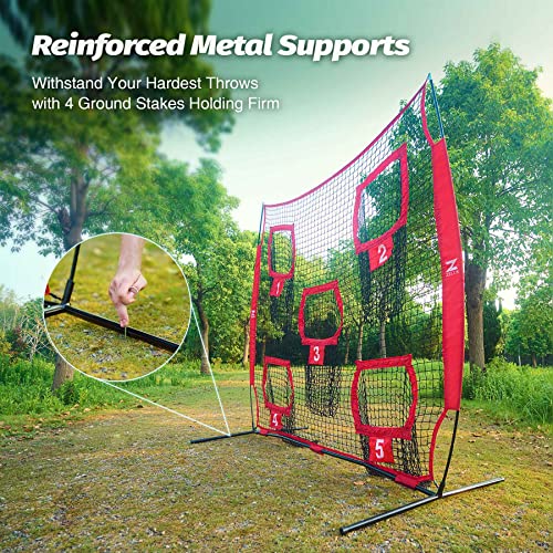 ZELUS 7 x 7ft Football Trainer Throwing Net | Training Target Practice with 5 Targets | Great for Quarterback | Includes Carry Bag - color: Red