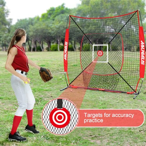 6'X6' Baseball Softball Practice Net,Pitching Net,Batting Net,with Bonus Strike Zone,Target and Bow Frame,for Hitting,Pitching,Catching - size: 6 x 6 FT, style: Strike Zone Version-Red