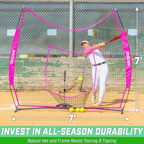 GoSports 7 x 7 ft Baseball & Softball Nets - Available in Team Colors - Batting & Pitching Net with Strike Zone - color: Pink