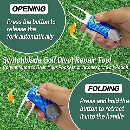 FINGER TEN Golf Divot Repair Tool and Ball Marker Switchblade Value Pack, Foldable Magnetic Stainless Steel with Pop-up Button for Men Women - color: B: 2 in Blue