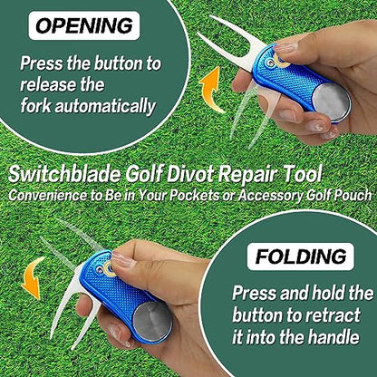 FINGER TEN Golf Divot Repair Tool and Ball Marker Switchblade Value Pack, Foldable Magnetic Stainless Steel with Pop-up Button for Men Women - color: B: 2 in Blue