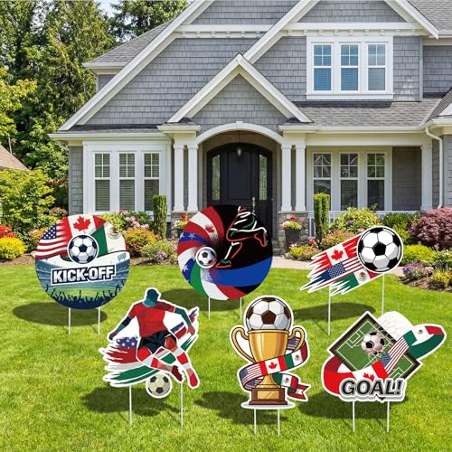 Pinkunn 6 Pcs North America Soccer Event Yard Signs with Stakes, USA Canada Mexico Flag Football Theme Lawn Decorations for Outdoor Watch Party Game Day Team School Practice Party Supplies