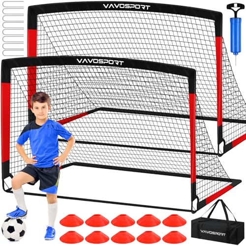 VAVOSPORT Kids Soccer Goals for Backyard Set, 2 of 4x3 / 6x4 ft Portable Soccer Goal Nets, Pop Up Mini Toddler Soccer Net Training Equipment & Ball, Cones for Ages 3-14, Outdoor Games Gifts for Kids - color: Black Red, style: 6 ft x 4 ft