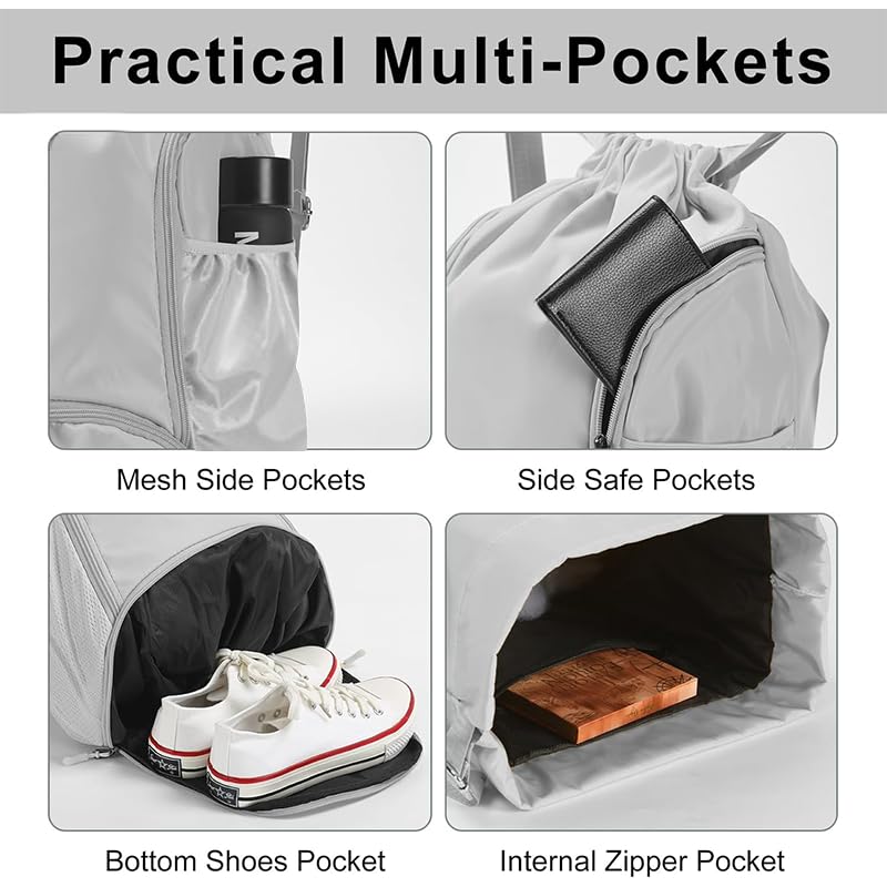 Sports Drawstring Backpack, Waterproof Swim Gym Bag for Women&Men, String Basketball Pack with Shoes Compartment, Grey - color: Grey