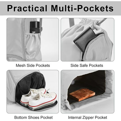 Sports Drawstring Backpack, Waterproof Swim Gym Bag for Women&Men, String Basketball Pack with Shoes Compartment, Grey - color: Grey