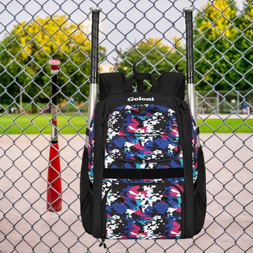Goloni Youth Baseball Bag,Baseball Backpack with Shoes Compartment,Softball Bag with Fence Hook for T-Ball Bat & Equipment - color: Camouflage Blue