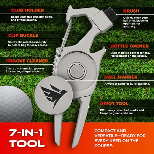 SWIFTEE Golf Divot Pitch Mark Repair Tool 7-in-1 - Club Holder, Brush, Clip Buckle, Groove Cleaner, Bottle Opener, Ball Marker, Divot Tool - Gift Box Included - color: Matte Black