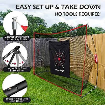 Bearwill Golf Net, 10x7ft Heavy Duty Golf Practice Nets with Mat, Target Cloth, 8 Tees, 6 Balls, Carry Bag for Backyard Driving Chipping Indoor Outdoor Training