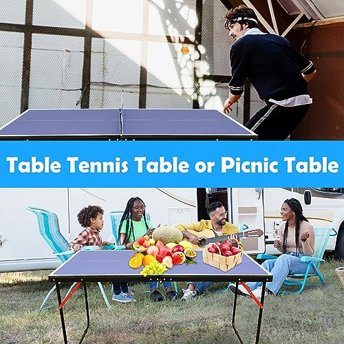 Table Tennis Table Mid-Size, Foldable Ping Pong Table Top Full Size with 2 Paddles, 2 Balls, 1 Net & 4 Wheels, Folding Table Tennis for Indoor & Outdoor, Quick Assembly to Support Multiplayer