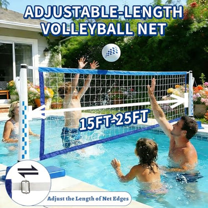 Inground Pool Volleyball Net Set, 15-25FT Adjustable Water Volleyball Kit, Complete System Includes: Pro-Net, Heavy-Duty Bases, 2 Balls & Pump, Summer Outdoor Pool Games for Adults & Kids
