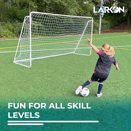 Soccer Goal 12×6 – Larkon – Backyard, Training and Tournament Size – Durable Rust-Free Guarantee Steel Frame for Kids and Adults – with Net, Cones, Storage Bag, Stakes and Easy Assembly