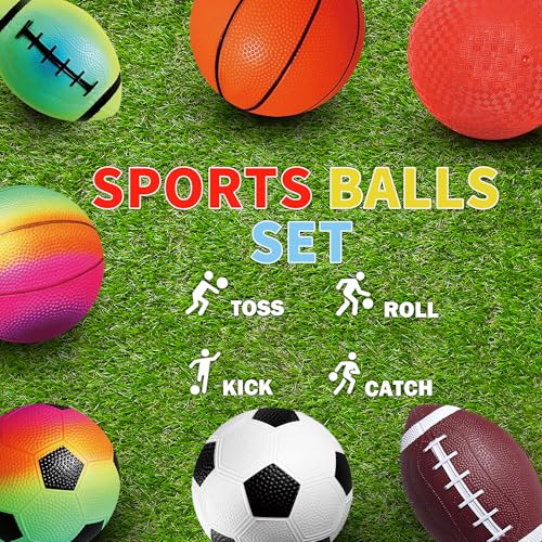 8.5 Inch Sports Balls Set 7 Pack,Playground Balls for Kids&Adults, Includes Soccer Ball, Basketball, and Football,Rainbow Ball for Outdoor & Indoor Games, Boys and Girls Gift with Gift Box
